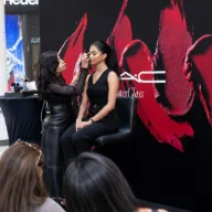 A MAC eye and lip look on a model, shown with cream blusher swatches