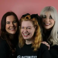 Three Razzamataz Theatre Schools team members smiling against a pink background